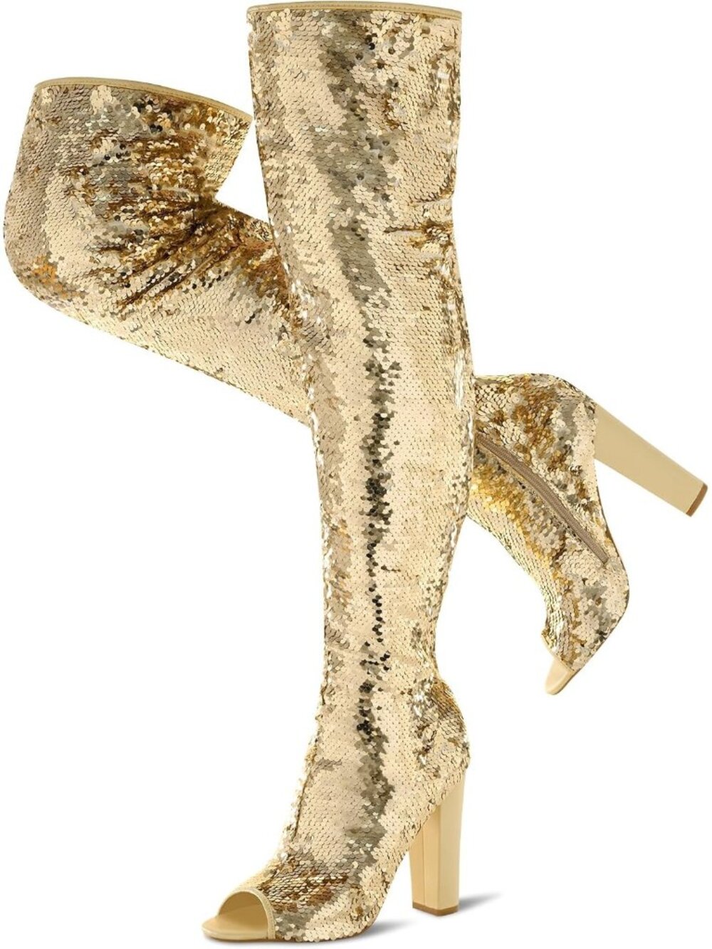 Women's Gold Chunky High Heels Open Toe Sequin Over The Knee Thigh High Boots